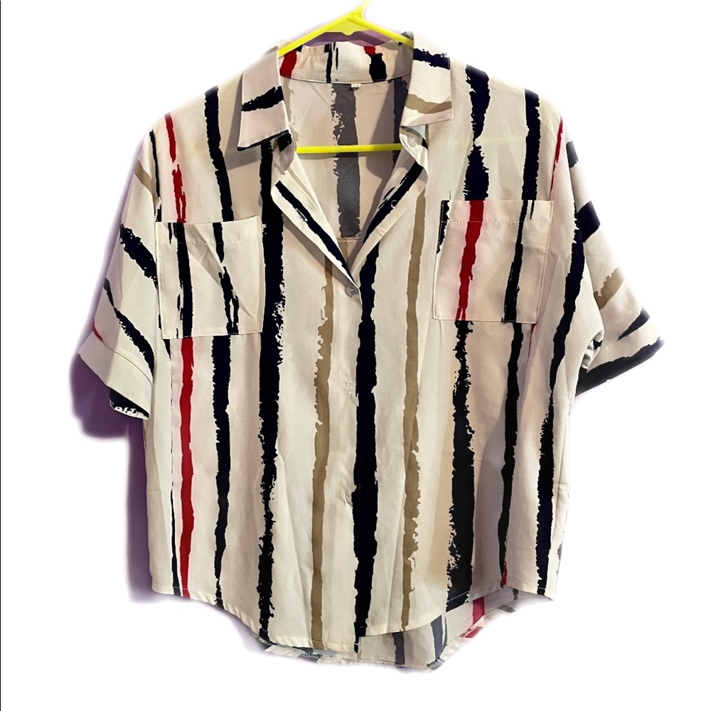 Blue and red striped button-down shirt